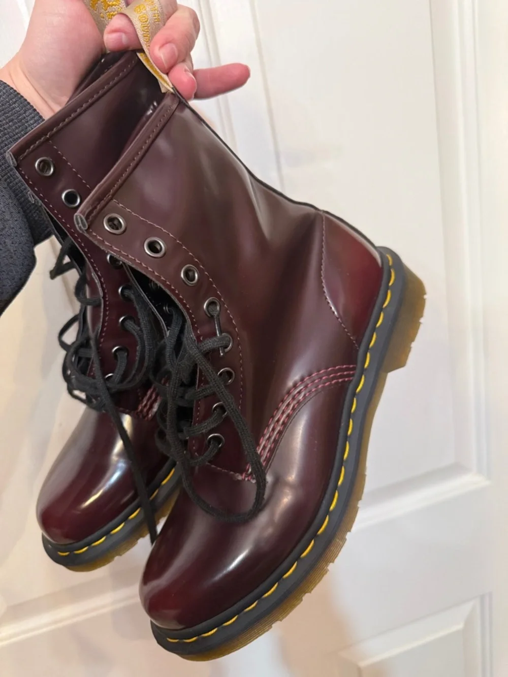Dr. Martens Cherry/Deep Red Leather Combat Boots with Yellow Heel Loop - Picture 4 of 7